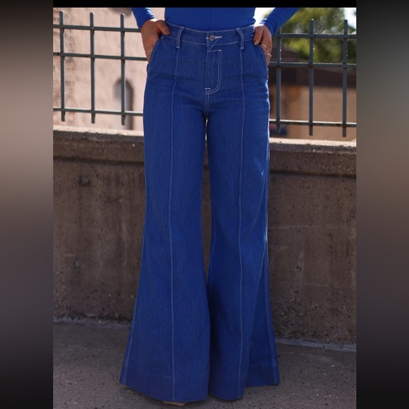 By Together Denim - By Together Wide Leg Jeans Size Large Blue High Waisted Seam Detail Side Pockets